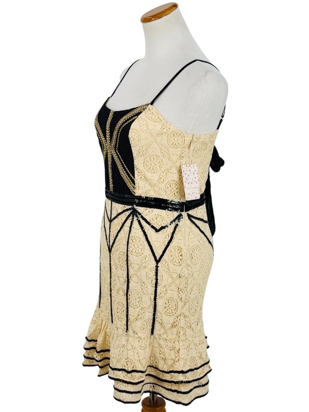 NWT Free People Cream Black Lace Sequin Mini Dress | Whimsigoth Luxe Coquette 8 - Picture 13 of 16
